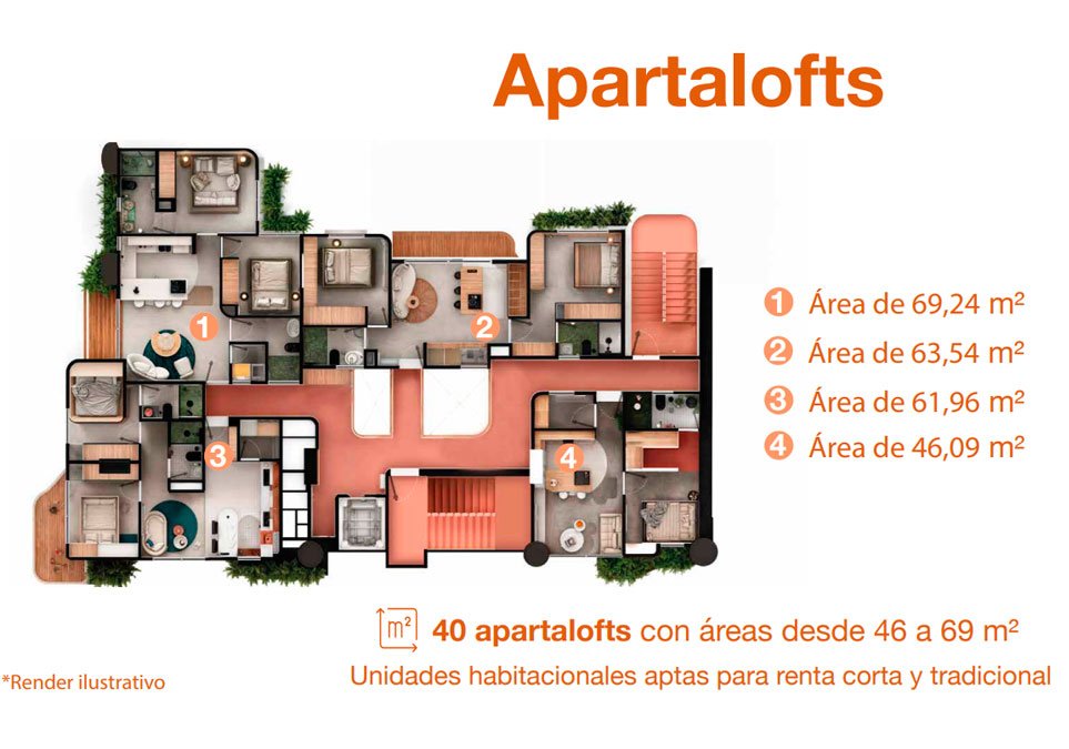Plano ilustrativo de los apartalofts del proyecto Vitral en Medellín con áreas entre 46 y 69 m², ideales para renta corta y tradicional.