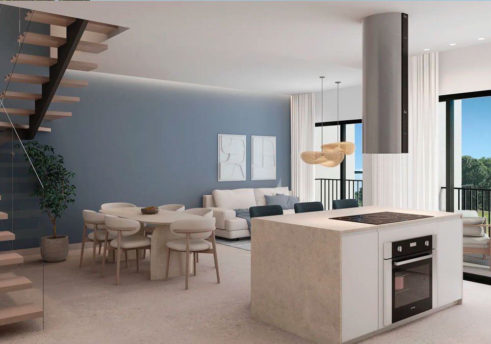 Proyecto residencial de lujo con arquitectura mediterránea, amplios balcones y piscina tipo resort