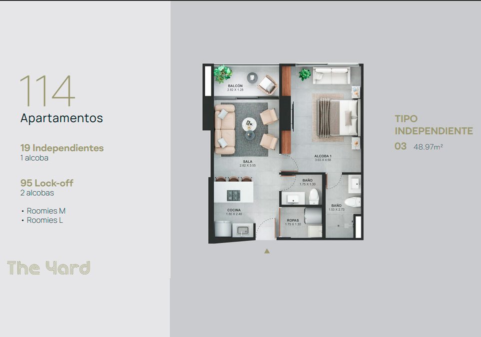 Plano del apartamento independiente tipo 03 en The Yard Medellín, con 48.97 m², una alcoba, dos baños, sala, cocina y balcón.