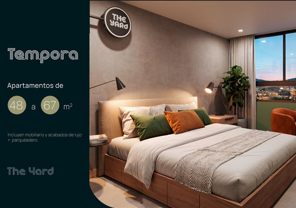 Dormitorio moderno de los apartamentos Tempora en The Yard Medellín, con áreas de 48 a 67 m², mobiliario de lujo y parqueadero incluido.