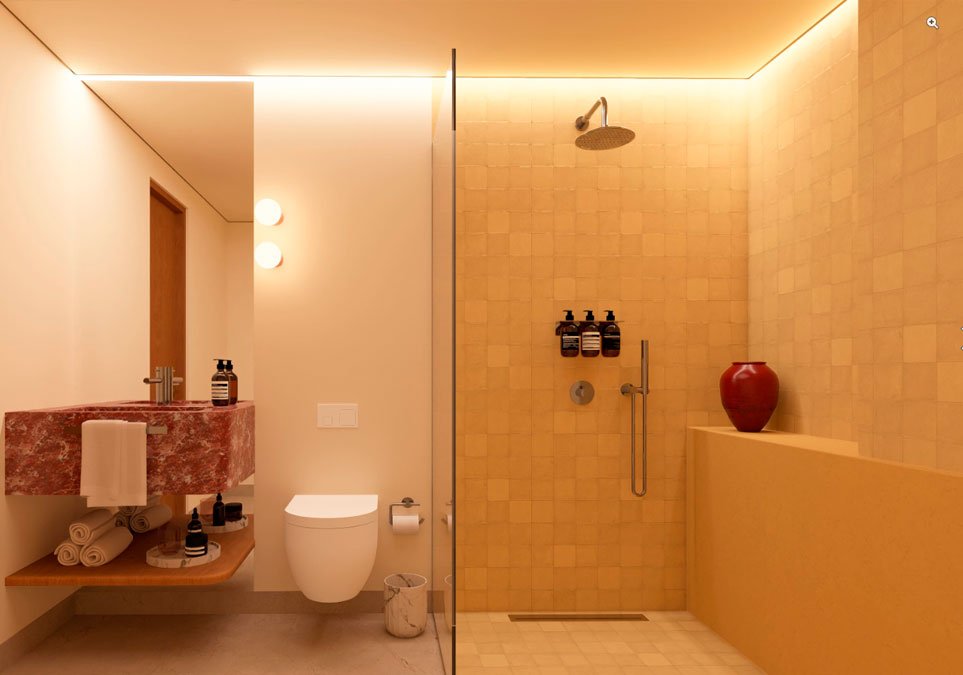 Baño moderno en The Anti Galerie Hotel Cartagena, con ducha de diseño minimalista y acabados en piedra.