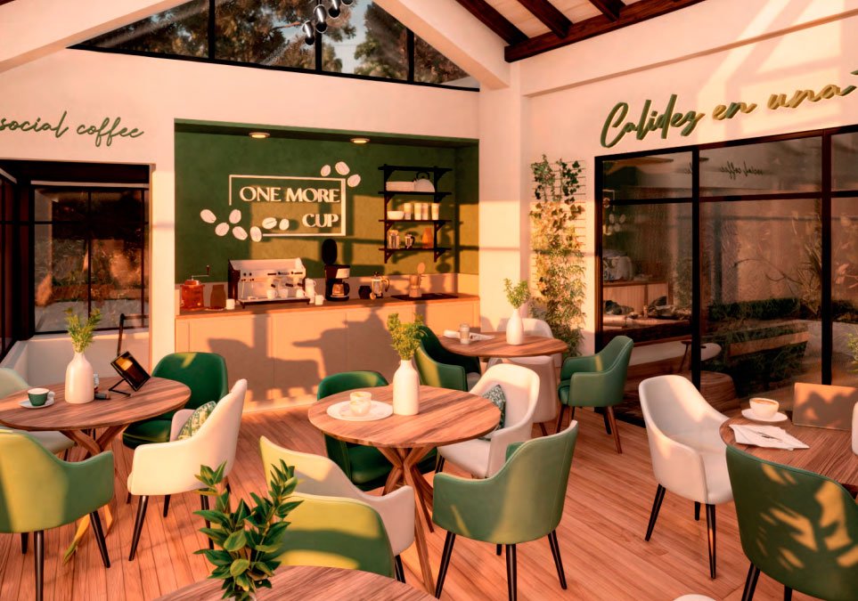 Espacio social tipo cafetería en un proyecto residencial, con diseño moderno, mobiliario elegante y ambiente acogedor para residentes.