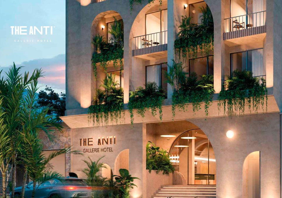 Fachada del proyecto The Anti Galerie Hotel con diseño moderno y vegetación en balcones, inversión inmobiliaria en Cartagena.