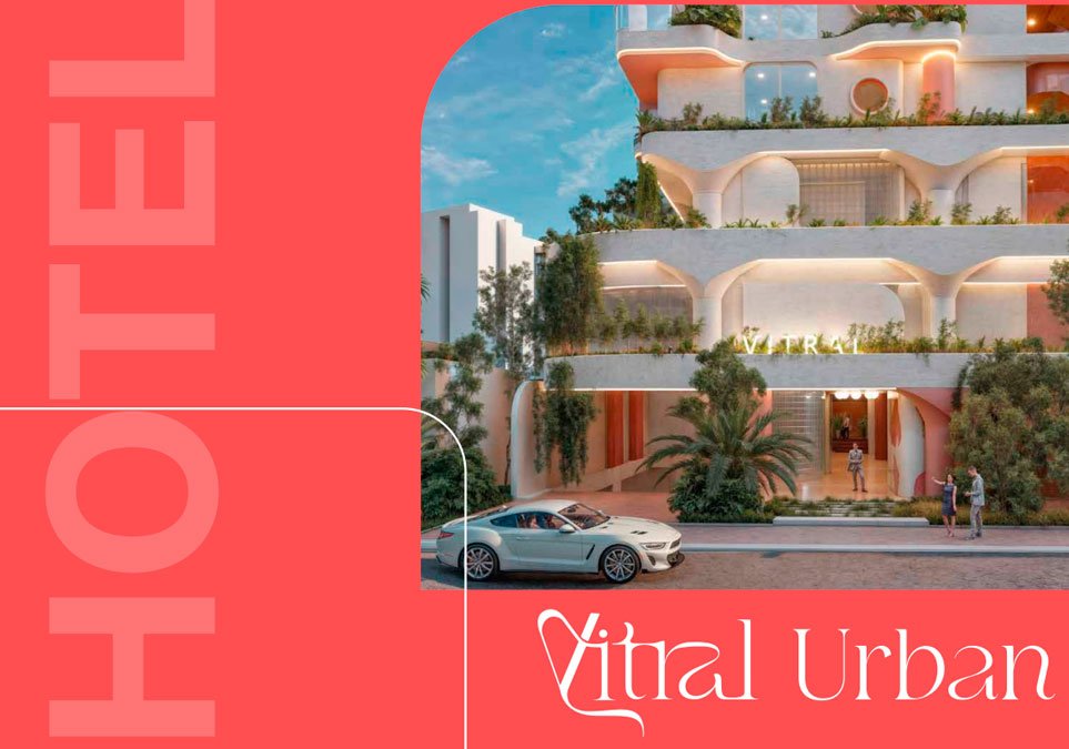 Render del Hotel Vital Urban en el proyecto The Vitral Medellín, diseño moderno con balcones verdes y fachada iluminada