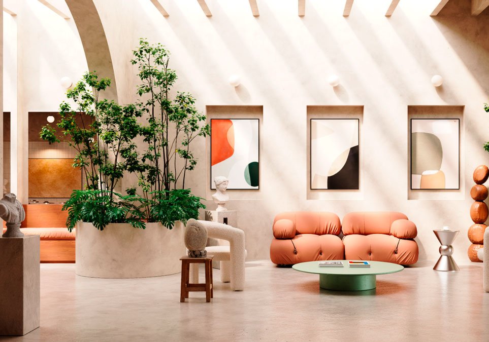 Interior del proyecto The Anti Galerie Hotel con diseño contemporáneo, mobiliario elegante y arte moderno en Cartagena.