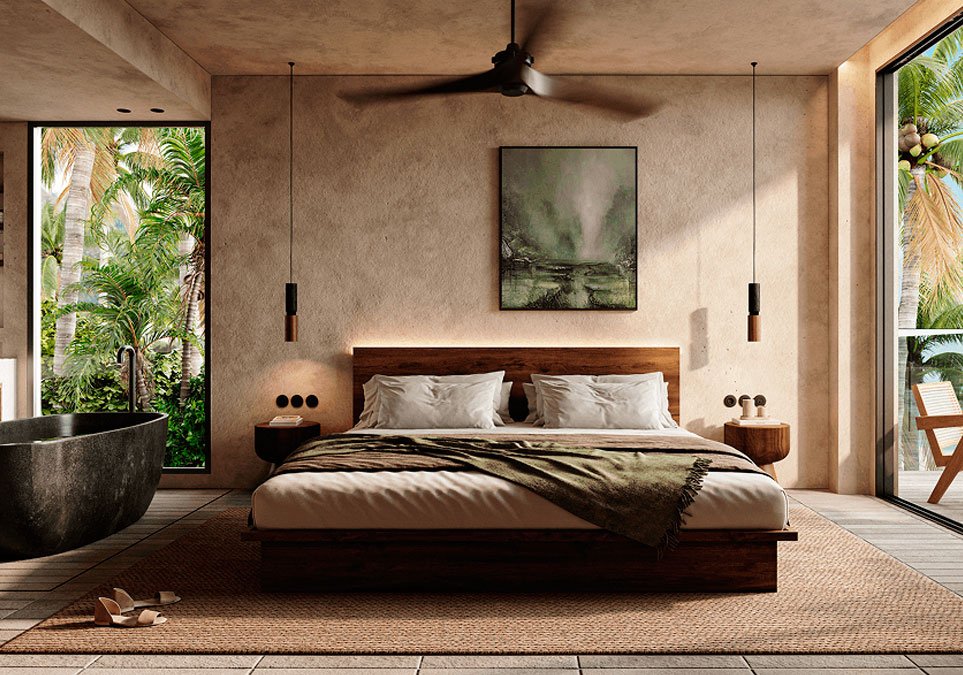 Suite de lujo en Mawala Cartagena con cama doble, bañera interior y ventanales hacia la naturaleza
