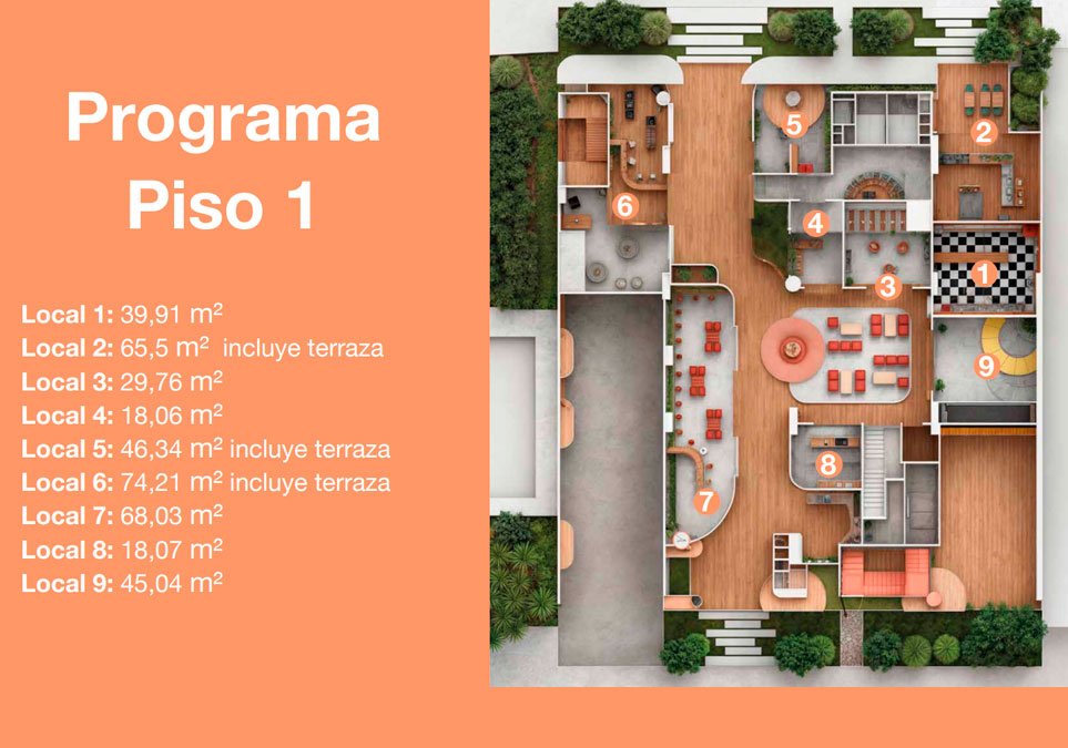 Plano arquitectónico del primer piso del proyecto Vitral en Medellín con distribución y áreas de los locales comerciales.