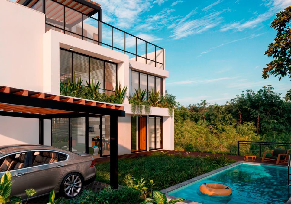 Render exterior de casa campestre moderna del proyecto Caña Dulce, con piscina privada, balcones amplios y diseño contemporáneo rodeado de naturaleza.