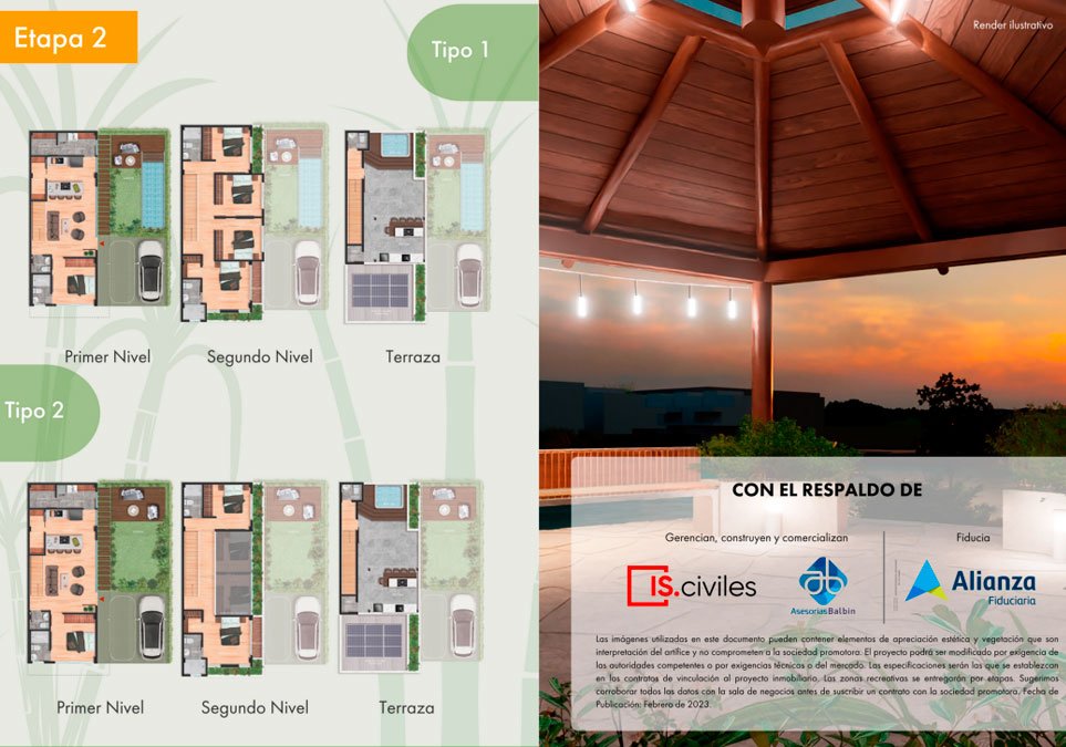 Planos arquitectónicos y render ilustrativo del proyecto Caña Dulce, un desarrollo residencial moderno con respaldo fiduciario.