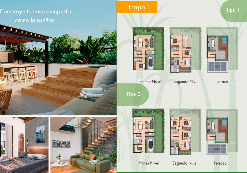 Renders interiores y exteriores junto a planos arquitectónicos del proyecto Caña Dulce, casas campestres modernas con terrazas y diseño exclusivo.
