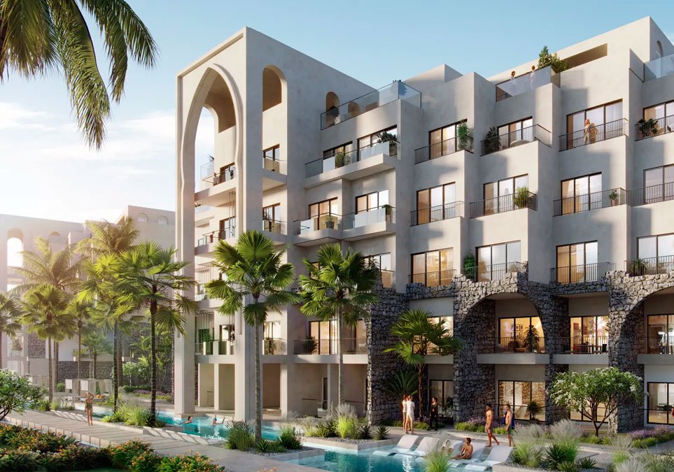 Proyecto residencial de lujo con arquitectura mediterránea, amplios balcones y piscina tipo resort en Inverza