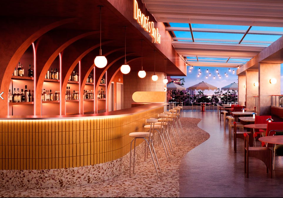 Devona’s Sky Bar en The Anti Galerie Hotel en Cartagena, rooftop moderno con iluminación cálida y vista panorámica.