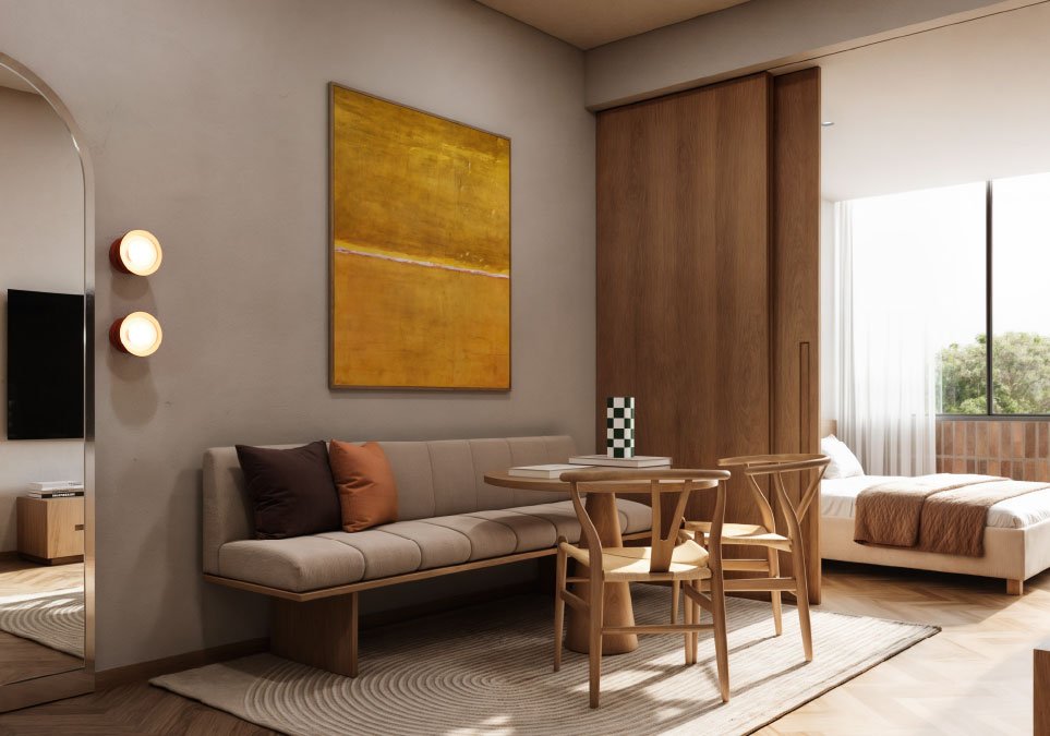 Vista interior de un apartamento en Wonder Coliving con sala comedor, decoración moderna y alcoba iluminada